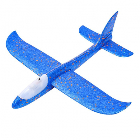 Jucarii, Copii & Bebe - Avion planor din polistiren in punga , lungime 47 cm, cu lumini pe toata lungimea, Albastru , Flippy