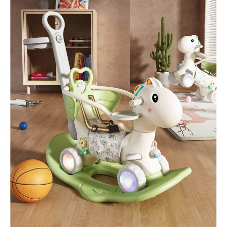Balansoar pentru Copii, Flippy, 3in1, cu Spatar si Bara de Siguranta, Maner cu Cos de Basket, Tava de Masa, Roti Luminoase, 80 x 43 x 83 cm, din Plastic, + 3 Ani, Verde [1]