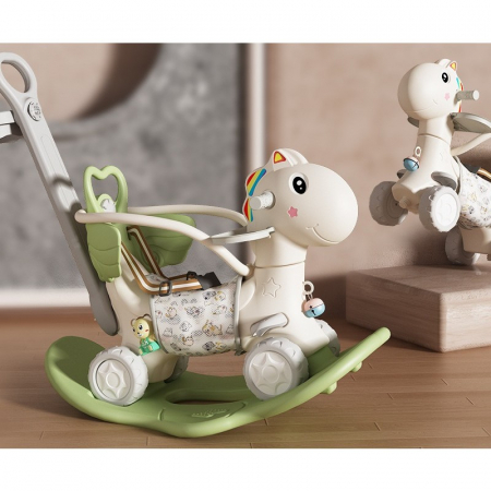 Balansoar pentru Copii, Flippy, 3in1, cu Spatar si Bara de Siguranta, Maner cu Cos de Basket, Tava de Masa, Roti Luminoase, 80 x 43 x 83 cm, din Plastic, + 3 Ani, Verde [2]