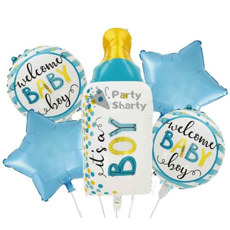 Cadouri și petreceri - Baloane decorative GENDER REVEAL PARTY, Flippy, Figurina Sticla, Model IT'S A BOY, Set din 5 baloane, 40 x 77 cm, pentru Botez, Albastru