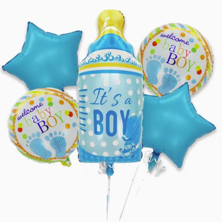 Sub 99 Lei - Baloane decorative GENDER REVEAL PARTY, Flippy, Figurina Sticluta, Model IT'S A BOY, Set din 5 baloane, 40 x 77 cm, pentru Botez, Albastru