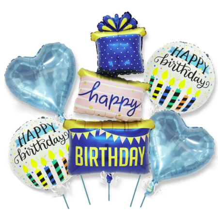 Cadouri și petreceri - Baloane pentru aniversare, Flippy, tematica Happy Birthday, set 5 baloane, 1 Cadouri, 2 inimi, 2 rotunde, din folie de aluminiu, pai de carton inclus, 60 x 124 cm Albastru