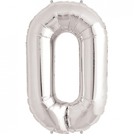 Cifre - Balon din Folie Flippy, Cifra 0, 81 cm, Pentru Aer sau Heliu, Bulk, Argintiu