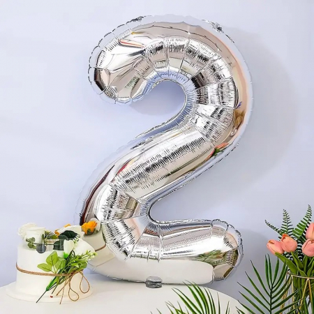 Balon din Folie Flippy, Cifra 2, 81 cm, Pentru Aer sau Heliu, Bulk, Argintiu [1]