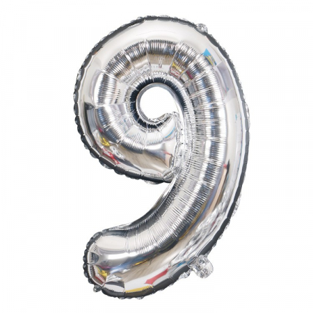 Articole petrecere - Balon din Folie Flippy, Cifra 9, 81 cm, Pentru Aer sau Heliu, Bulk, Argintiu