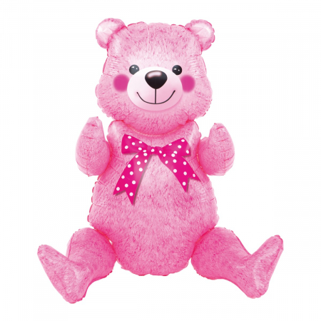 Articole petrecere - Balon din Folie Metalizata, Flippy, Figurina Animalute, Model Ursulet Asezat, Tematica Aniversare, 44x82.5 cm, Ambalaj Individual, Pai Inclus, Umflare cu Aer sau Heliu, Roz