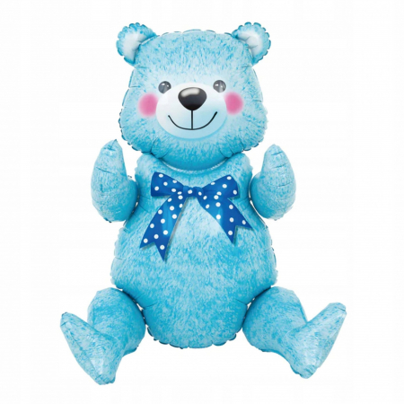 Articole petrecere - Balon din Folie Metalizata, Flippy, Figurina Animalute, Model Ursulet Asezat, Tematica Aniversare, 44x82.5 cm, Ambalaj Individual, Pai Inclus, Umflare cu Aer sau Heliu, Albastru