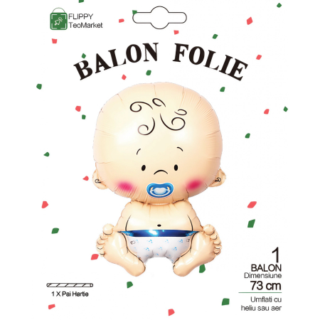 Balon din Folie Metalizata, Flippy, Figurina Baietel, Tema Botez, 73x48 cm, Ambalaj Individual, Pai Inclus, Umflare cu Aer sau Heliu, Albastru [9]