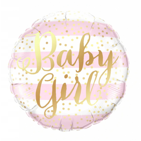 Cadouri și petreceri - Balon din Folie Metalizata, Flippy, Figurina Cerc, Model Baby Girl, Tematica Gender Reveal, 45 cm, Ambalaj Individual, Pai Inclus, Umflare cu Aer sau Heliu, Roz