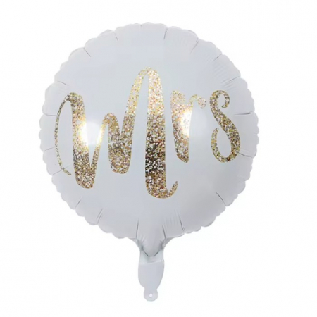 Articole petrecere - Balon din Folie Metalizata, Flippy, Figurina Cerc, Model MRS, Tematica Nunta, 45 cm, Ambalaj Individual, Pai Inclus, Umflare cu Aer sau Heliu, Alb