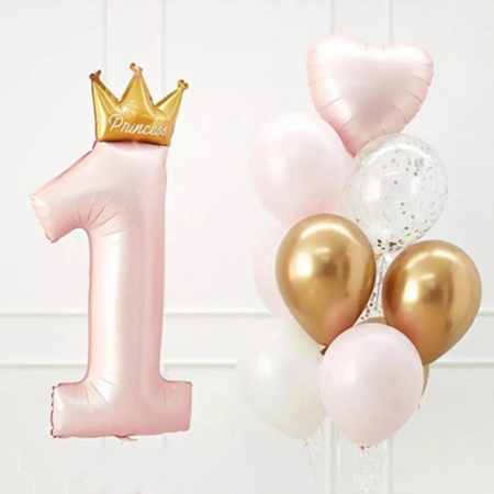 Balon din Folie Metalizata, Flippy, Figurina Cifra 1, Model Coroana Printesa, 91 cm, Ambalaj Individual, Pai inclus, Umflare cu Aer sau Heliu, Roz [3]