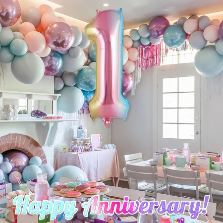 Balon din Folie Metalizata Flippy, Figurina Cifra Gradient, Tema Aniversare 40 cm, Ambalaj Individual, Pai inclus, Umflare cu Aer sau Heliu, Multicolor, Cifra 1 [1]