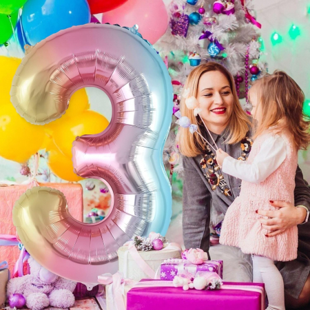 Balon din Folie Metalizata Flippy, Figurina Cifra Gradient, Tema Aniversare 40 cm, Ambalaj Individual, Pai inclus, Umflare cu Aer sau Heliu, Multicolor, Cifra 3 [2]