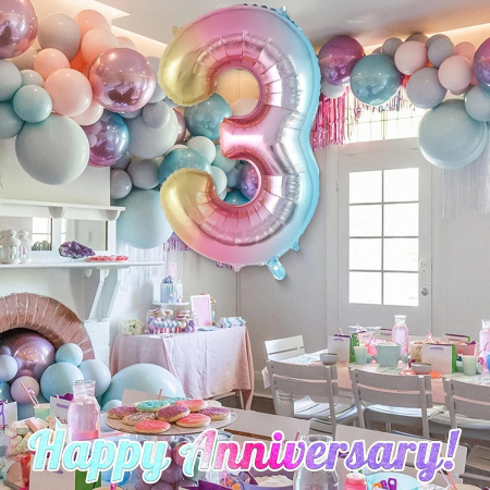 Balon din Folie Metalizata Flippy, Figurina Cifra Gradient, Tema Aniversare 40 cm, Ambalaj Individual, Pai inclus, Umflare cu Aer sau Heliu, Multicolor, Cifra 3 [4]