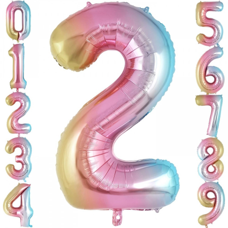 Balon din Folie Metalizata Flippy, Figurina Cifra Gradient, Tema Aniversare 40 cm, Ambalaj Individual, Pai inclus, Umflare cu Aer sau Heliu, Multicolor, Cifra 2 [5]