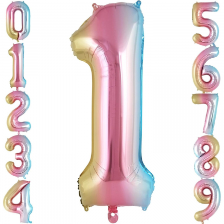 Balon din Folie Metalizata Flippy, Figurina Cifra Gradient, Tema Aniversare 40 cm, Ambalaj Individual, Pai inclus, Umflare cu Aer sau Heliu, Multicolor, Cifra 1 [5]