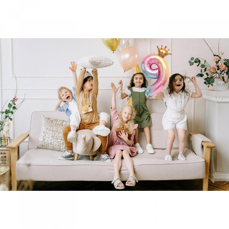 Balon din Folie Metalizata, Flippy, Figurina Cifra Gradient, Tema Aniversare 80 cm, Ambalaj Individual, Pai inclus, Umflare cu Aer sau Heliu, Coronita, Cifra 9 [1]