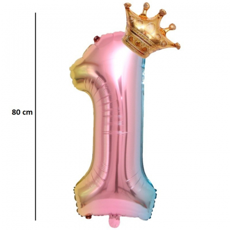 Balon din Folie Metalizata, Flippy, Figurina Cifra Gradient, Tema Aniversare 80 cm, Ambalaj Individual, Pai inclus, Umflare cu Aer sau Heliu, Coronita, Cifra 1 [2]
