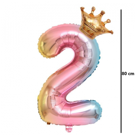 Balon din Folie Metalizata, Flippy, Figurina Cifra Gradient, Tema Aniversare 80 cm, Ambalaj Individual, Pai inclus, Umflare cu Aer sau Heliu, Coronita, Cifra 2 [5]