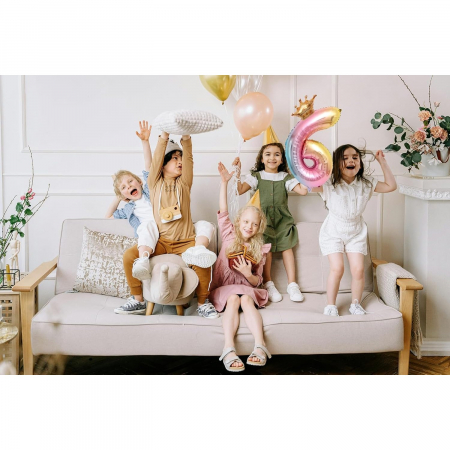 Balon din Folie Metalizata, Flippy, Figurina Cifra Gradient, Tema Aniversare 80 cm, Ambalaj Individual, Pai inclus, Umflare cu Aer sau Heliu, Coronita, Cifra 6 [1]