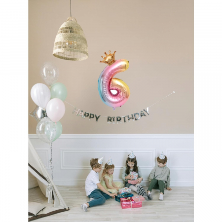 Balon din Folie Metalizata, Flippy, Figurina Cifra Gradient, Tema Aniversare 80 cm, Ambalaj Individual, Pai inclus, Umflare cu Aer sau Heliu, Coronita, Cifra 6 [2]