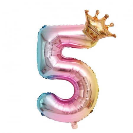Cifre - Balon din Folie Metalizata, Flippy, Figurina Cifra Gradient, Tema Aniversare 80 cm, Ambalaj Individual, Pai inclus, Umflare cu Aer sau Heliu, Coronita, Cifra 5