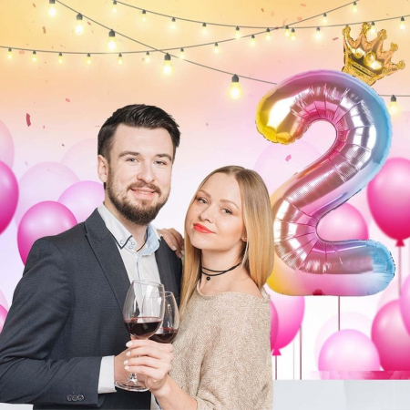 Balon din Folie Metalizata, Flippy, Figurina Cifra Gradient, Tema Aniversare 80 cm, Ambalaj Individual, Pai inclus, Umflare cu Aer sau Heliu, Coronita, Cifra 2 [1]