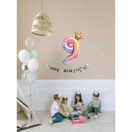 Balon din Folie Metalizata, Flippy, Figurina Cifra Gradient, Tema Aniversare 80 cm, Ambalaj Individual, Pai inclus, Umflare cu Aer sau Heliu, Coronita, Cifra 9 [2]