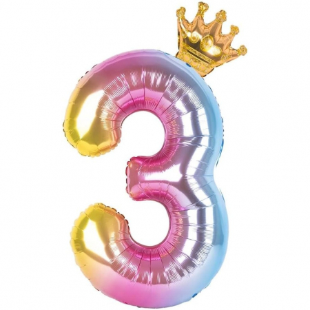 Balon din Folie Metalizata, Flippy, Figurina Cifra Gradient, Tema Aniversare 80 cm, Ambalaj Individual, Pai inclus, Umflare cu Aer sau Heliu, Coronita, Cifra 3 [3]