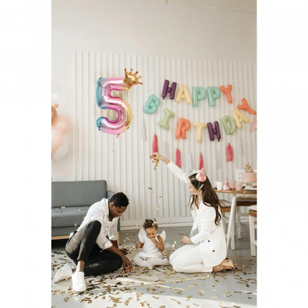Balon din Folie Metalizata, Flippy, Figurina Cifra Gradient, Tema Aniversare 80 cm, Ambalaj Individual, Pai inclus, Umflare cu Aer sau Heliu, Coronita, Cifra 5 [5]