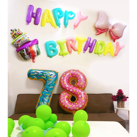 Balon din Folie Metalizata Flippy, Figurina Cifra, Imprimeu Gogosi, Tema Aniversare 100 cm, Ambalaj Individual, Pai inclus, Umflare cu Aer sau Heliu, Multicolor, Cifra 7 [6]