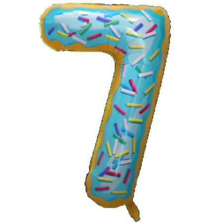Articole petrecere - Balon din Folie Metalizata Flippy, Figurina Cifra, Imprimeu Gogosi, Tema Aniversare 100 cm, Ambalaj Individual, Pai inclus, Umflare cu Aer sau Heliu, Multicolor, Cifra 7
