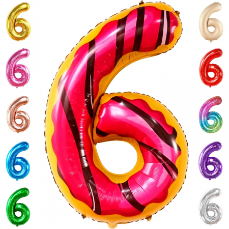 Balon din Folie Metalizata Flippy, Figurina Cifra, Imprimeu Gogosi, Tema Aniversare 100 cm, Ambalaj Individual, Pai inclus, Umflare cu Aer sau Heliu, Multicolor, Cifra 6 [4]