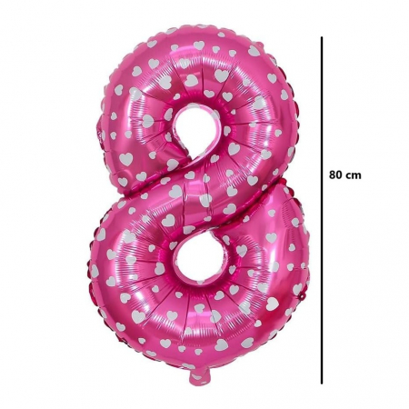Balon din Folie Metalizata Flippy, Figurina Cifra, Imprimeu Inimi, Tema Aniversare 80 cm, Ambalaj Individual, Pai inclus, Umflare cu Aer sau Heliu, Roz, Cifra 8 [1]