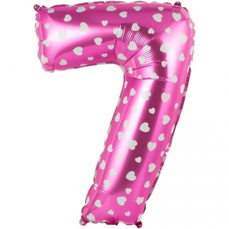 Balon din Folie Metalizata Flippy, Figurina Cifra, Imprimeu Inimi, Tema Aniversare 80 cm, Ambalaj Individual, Pai inclus, Umflare cu Aer sau Heliu, Roz, Cifra 7 [3]