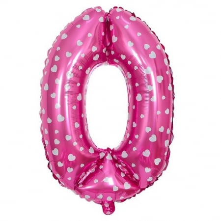 Cifre - Balon din Folie Metalizata Flippy, Figurina Cifra, Imprimeu Inimi, Tema Aniversare 80 cm, Ambalaj Individual, Pai inclus, Umflare cu Aer sau Heliu, Roz, Cifra 0