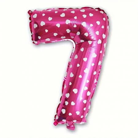 Balon din Folie Metalizata Flippy, Figurina Cifra, Imprimeu Inimi, Tema Aniversare 80 cm, Ambalaj Individual, Pai inclus, Umflare cu Aer sau Heliu, Roz, Cifra 7 [2]
