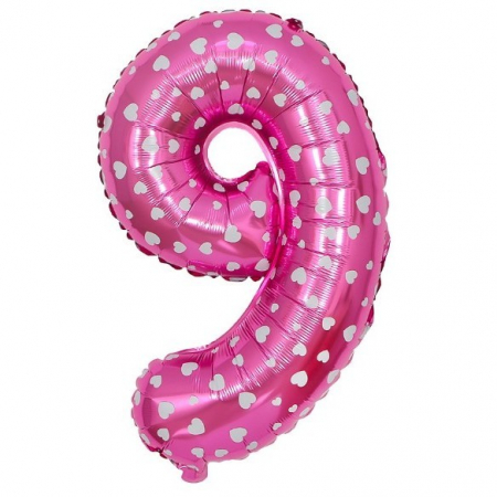 Balon din Folie Metalizata Flippy, Figurina Cifra, Imprimeu Inimi, Tema Aniversare 80 cm, Ambalaj Individual, Pai inclus, Umflare cu Aer sau Heliu, Roz, Cifra 9 [2]