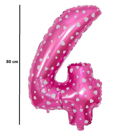 Balon din Folie Metalizata Flippy, Figurina Cifra, Imprimeu Inimi, Tema Aniversare 80 cm, Ambalaj Individual, Pai inclus, Umflare cu Aer sau Heliu, Roz, Cifra 4 [1]