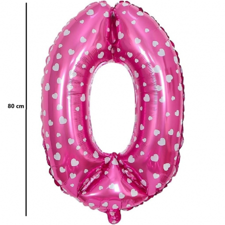 Balon din Folie Metalizata Flippy, Figurina Cifra, Imprimeu Inimi, Tema Aniversare 80 cm, Ambalaj Individual, Pai inclus, Umflare cu Aer sau Heliu, Roz, Cifra 0 [3]