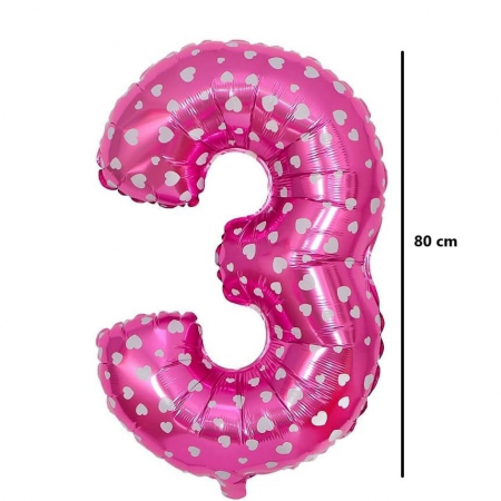 Balon din Folie Metalizata Flippy, Figurina Cifra, Imprimeu Inimi, Tema Aniversare 80 cm, Ambalaj Individual, Pai inclus, Umflare cu Aer sau Heliu, Roz, Cifra 3 [2]