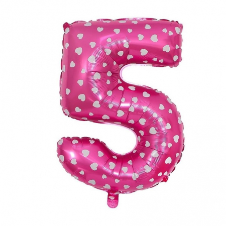 Articole petrecere - Balon din Folie Metalizata Flippy, Figurina Cifra, Imprimeu Inimi, Tema Aniversare 80 cm, Ambalaj Individual, Pai inclus, Umflare cu Aer sau Heliu, Roz, Cifra 5