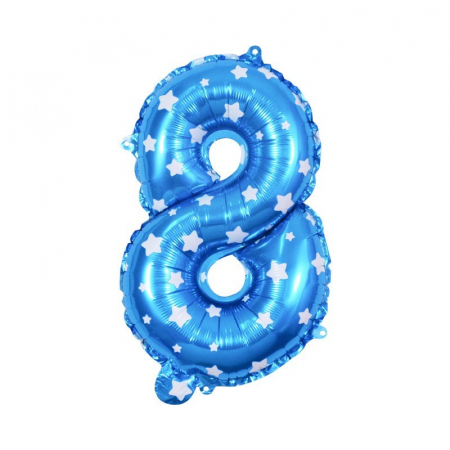 Balon din Folie Metalizata Flippy, Figurina Cifra, Imprimeu Stele, Tema Aniversare 80 cm, Ambalaj Individual, Pai inclus, Umflare cu Aer sau Heliu, Albastru, Cifra 8 [1]