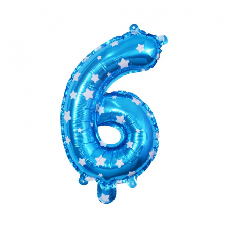 Articole petrecere - Balon din Folie Metalizata Flippy, Figurina Cifra, Imprimeu Stele, Tema Aniversare 80 cm, Ambalaj Individual, Pai inclus, Umflare cu Aer sau Heliu, Albastru, Cifra 6