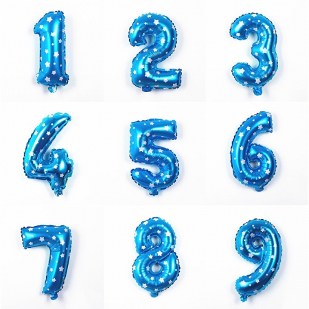 Balon din Folie Metalizata Flippy, Figurina Cifra, Imprimeu Stele, Tema Aniversare 80 cm, Ambalaj Individual, Pai inclus, Umflare cu Aer sau Heliu, Albastru, Cifra 6 [2]