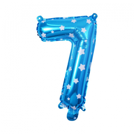 Articole petrecere - Balon din Folie Metalizata Flippy, Figurina Cifra, Imprimeu Stele, Tema Aniversare 80 cm, Ambalaj Individual, Pai inclus, Umflare cu Aer sau Heliu, Albastru, Cifra 7