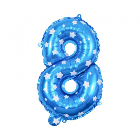Articole petrecere - Balon din Folie Metalizata Flippy, Figurina Cifra, Imprimeu Stele, Tema Aniversare 80 cm, Ambalaj Individual, Pai inclus, Umflare cu Aer sau Heliu, Albastru, Cifra 8