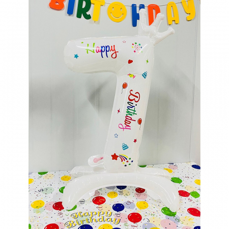 Cifre - Balon din Folie Metalizata, Flippy, Figurina Cifra, Model 7 cu Happy Birthday Scris, Tema Aniversare 81 cm, Ambalaj Individual, Pai Inclus, Umflare cu Aer sau Heliu, Alb