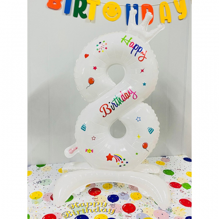 Cifre - Balon din Folie Metalizata, Flippy, Figurina Cifra, Model 8 cu Happy Birthday Scris, Tema Aniversare 81 cm, Ambalaj Individual, Pai Inclus, Umflare cu Aer sau Heliu, Alb