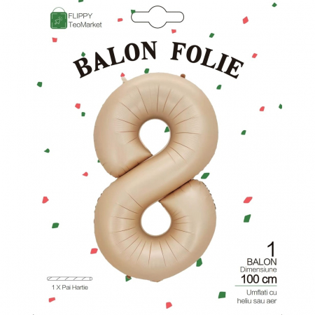 Balon din Folie Metalizata, Flippy, Figurina Cifra, Model 8, Tema Aniversare 100 cm, Ambalaj Individual, Pai Inclus, Umflare cu Aer sau Heliu, Crem [5]